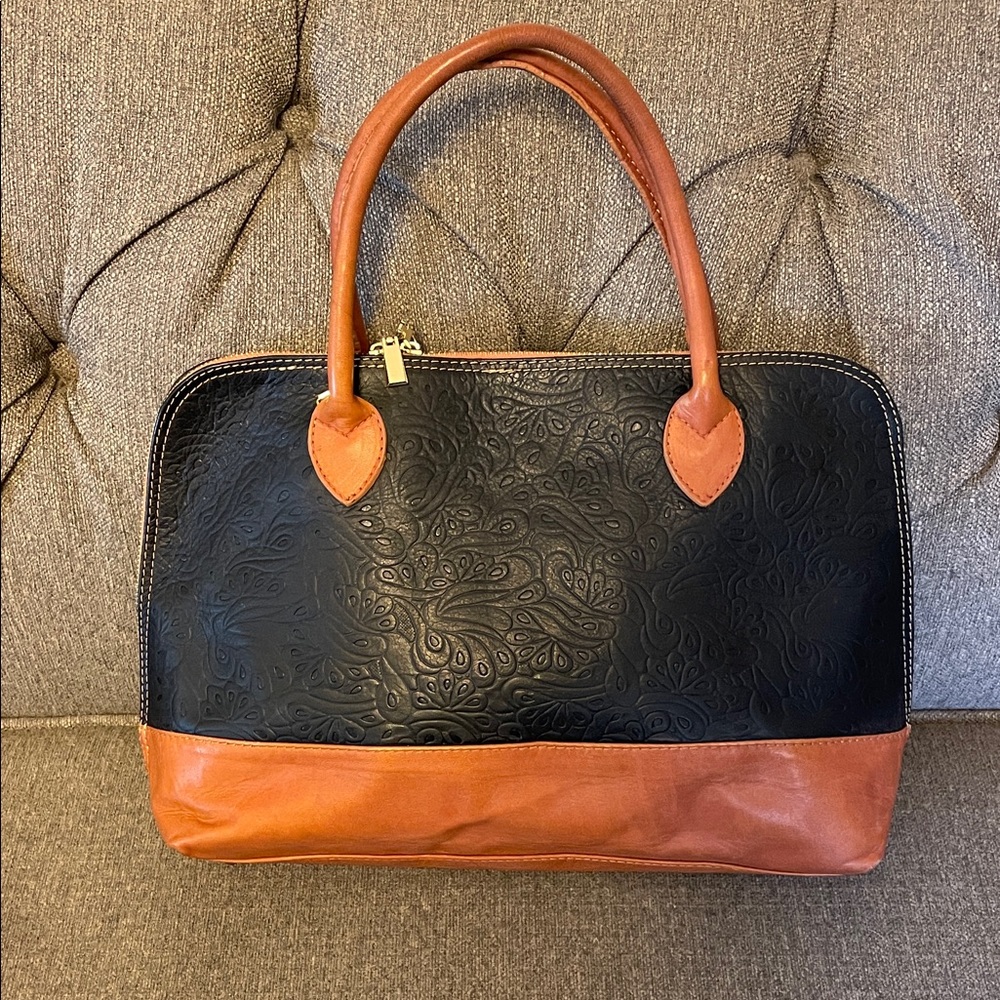 Vintage Black and Tan Tooled Embossed Leather Tote Bag